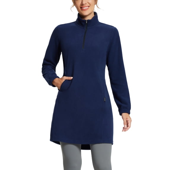 BALEAF Women's Fleece Dress Sweatshirt Tunic Long Quarter Zip Pullover Polar Winter Dress Cover Ups Pocket Navy Blue XS