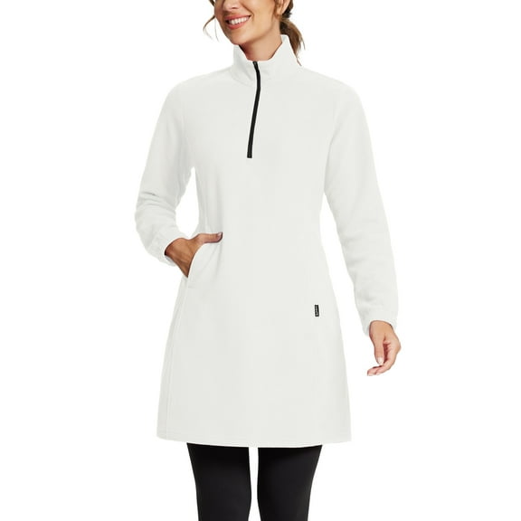 BALEAF Women's Fleece Dress Sweatshirt Tunic Long Quarter Zip Pullover Polar Winter Dress Cover Ups Pocket White L