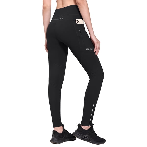 BALEAF Women's Fleece Lined Leggings Water Resistant High Waisted Thermal Hiking Pants Winter Running Tights Zip Pockets Black L