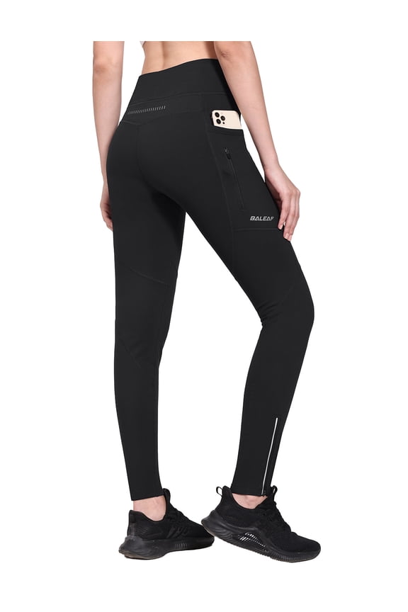 Women's Fleece Lined Leggings Water Resistant High Waisted Thermal Hiking Pants Winter Running Tights Zip Pockets Black L