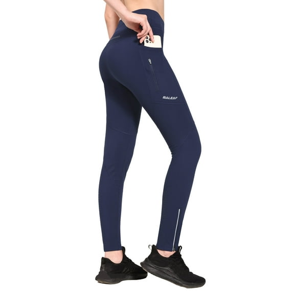 BALEAF Women's Fleece Lined Leggings Water Resistant High Waisted Thermal Hiking Pants Winter Running Tights Zip Pockets Blue XXL