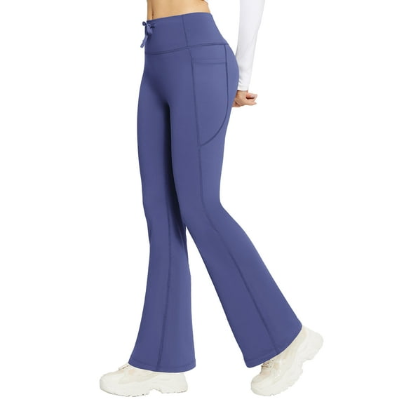 BALEAF Women's Fleece Lined Leggings Water Resistant Warm Winter Yoga Pants with Pockets Bootcut High Waist Flare Pants Navy Blue XL