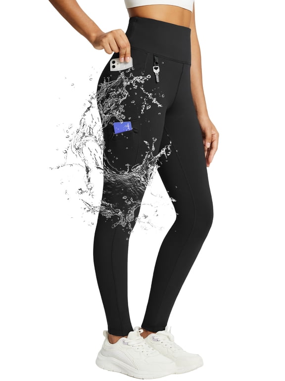 Women's Fleece Lined Leggings Waterproof Winter Hiking Pants Thermal Running Tights Zipper Pockets High Waisted Cold Weather Black Large
