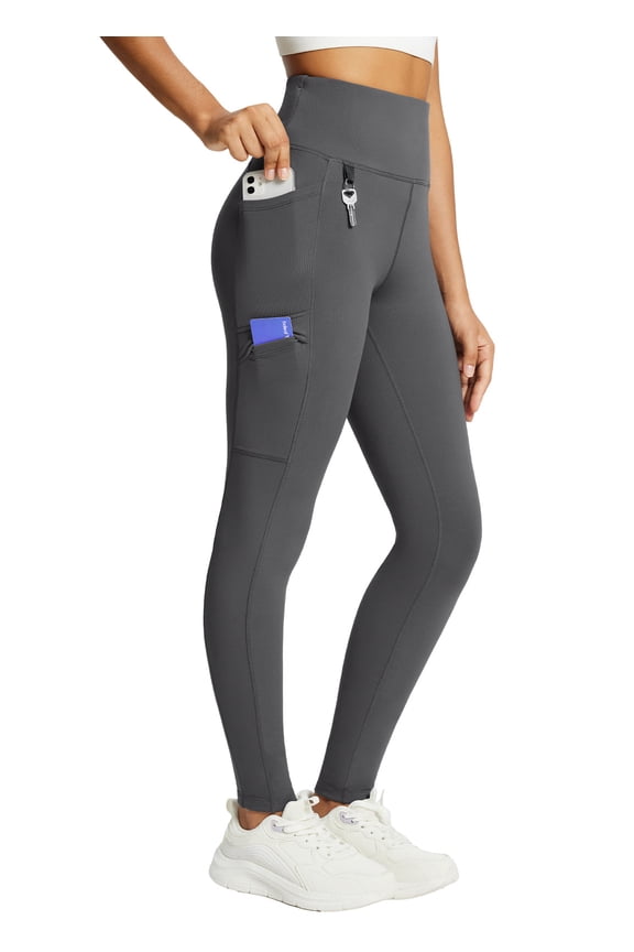 Women's Fleece Lined Leggings Waterproof Winter Hiking Pants Thermal Running Tights Zipper Pockets High Waisted Cold Weather Gray XX-Large