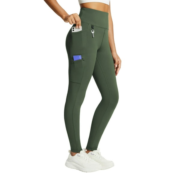 BALEAF Women's Fleece Lined Leggings Waterproof Winter Hiking Pants Thermal Running Tights Zipper Pockets High Waisted Cold Weather Green Large