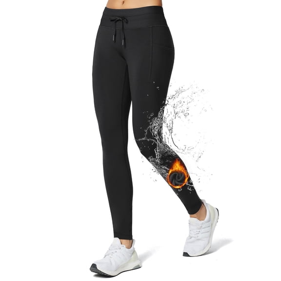BALEAF Women's Fleece Lined Leggings Waterproof Winter Thermal Warm Tights High Waisted with Pockets Running Hiking Pants Outdoor Black XL
