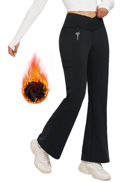 Women's Fleece Lined Pants Water Resistant Crossover Flare Legging Winter Outdoor Thermal Bootcut High Waist Waterproof Hiking Black M