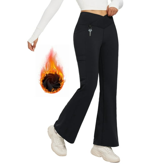 BALEAF Women's Fleece Lined Pants Water Resistant Crossover Flare Legging Winter Outdoor Thermal Bootcut High Waist Waterproof Hiking Black XS