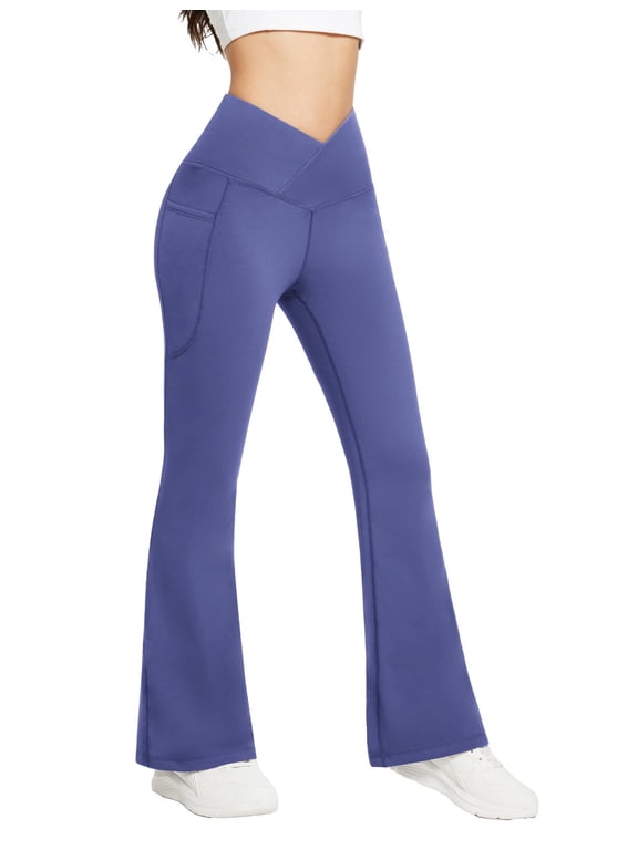 Women's Fleece Lined Pants Winter Thermal Warm Flare Leggings Bootcut Yoga Pants Bell Bottom with Pockets Navy 32" M