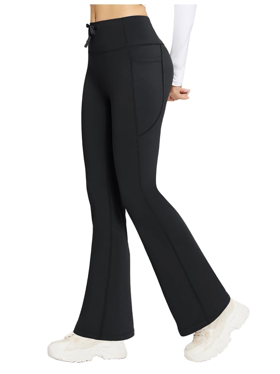 Women's Fleece Lined Pants Winter Thermal Warm Hiking Yoga Pants with Zipper Pockets Bootcut High Waist Flare Leggings Black 3XL