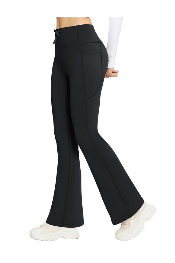 Women's Fleece Lined Pants Winter Thermal Warm Hiking Yoga Pants with Zipper Pockets Bootcut High Waist Flare Leggings Black L