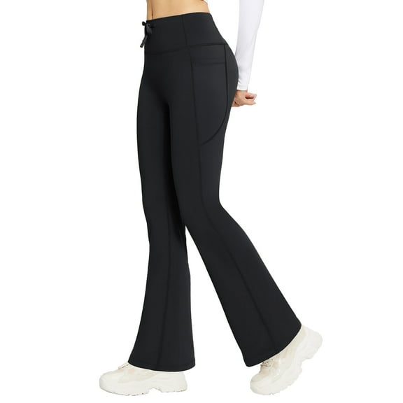 BALEAF Women's Fleece Lined Pants Winter Thermal Warm Hiking Yoga Pants with Zipper Pockets Bootcut High Waist Flare Leggings Black S