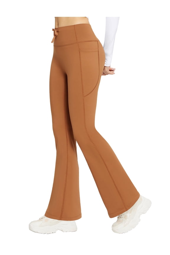 Women's Fleece Lined Pants Winter Thermal Warm Hiking Yoga Pants with Zipper Pockets Bootcut High Waist Flare Leggings Caramel Brown L