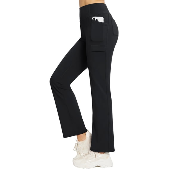 BALEAF Women's Fleece Lined Pants Yoga Pants Warm Thermal Winter High Waisted Straight Leg Leggings with 6 Pockets Black M