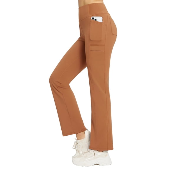 BALEAF Women's Fleece Lined Pants Yoga Pants Warm Thermal Winter High Waisted Straight Leg Leggings with 6 Pockets Light Brown S