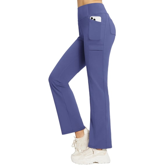 BALEAF Women's Fleece Lined Pants Yoga Pants Warm Thermal Winter High Waisted Straight Leg Leggings with 6 Pockets Navy Blue L