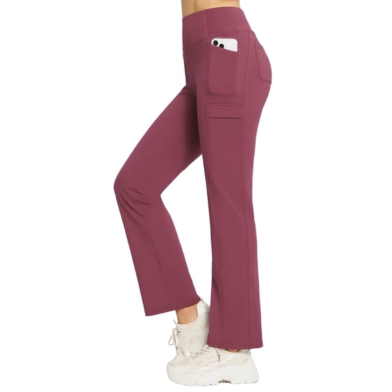 BALEAF Women's Fleece Lined Pants Yoga Pants Warm Thermal Winter High Waisted Straight Leg Leggings with 6 Pockets Wine Red XL