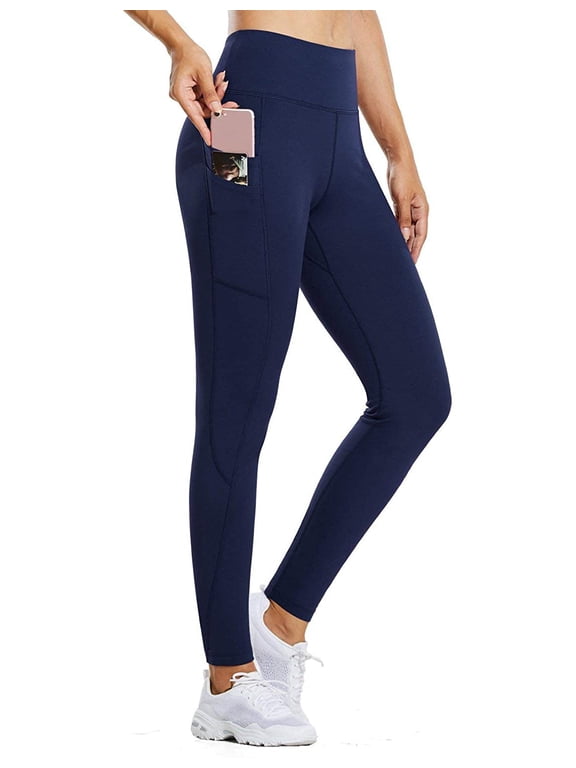 Women's Fleece Lined Water Resistant Legging High Waisted Thermal Winter Hiking Running Tights Pockets Navy X-Small
