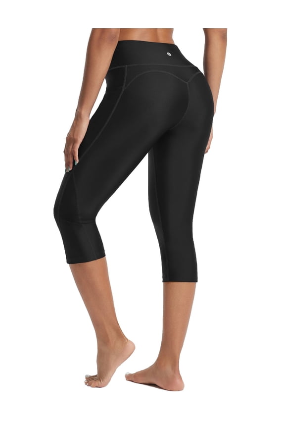 Women's High Waisted Swim Pants Long Swim Capris UPF50+ Swimsuit with Liner and Pockets Black XXL