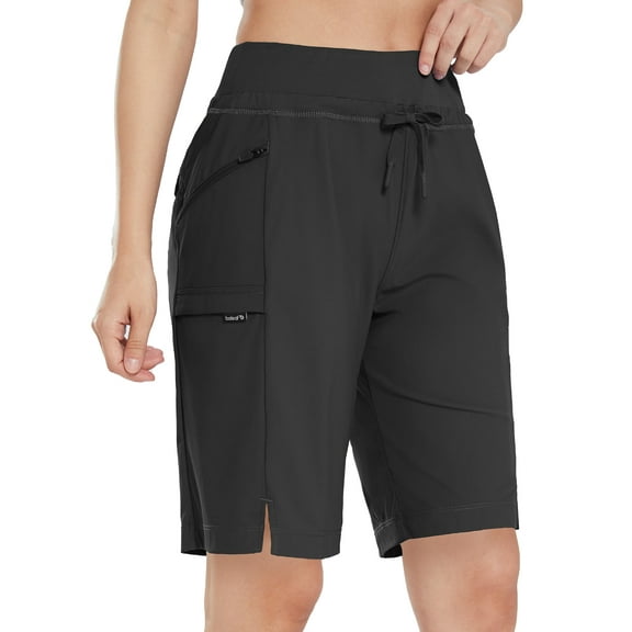 BALEAF Women's Hiking Long Shorts 11" Quick Dry Bermuda Cargo for Curvy Lightweight Pockets Black L