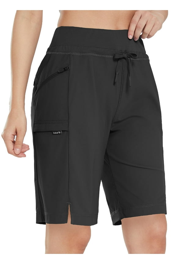 Women's Hiking Long Shorts 11" Quick Dry Bermuda Cargo for Curvy Lightweight Pockets Black M