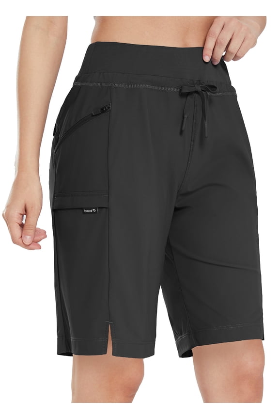 Women's Hiking Long Shorts 11" Quick Dry Bermuda Cargo for Curvy Lightweight Pockets Black XL