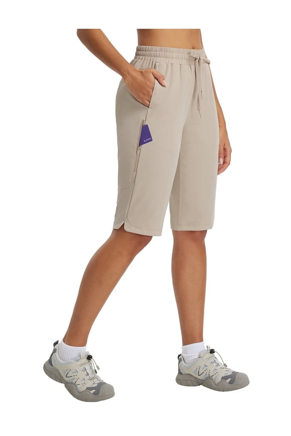 Women's Hiking Shorts 13'' Knee Length Quick Dry Water Resistant Lightweight Bermuda with Pockets Beige Size L