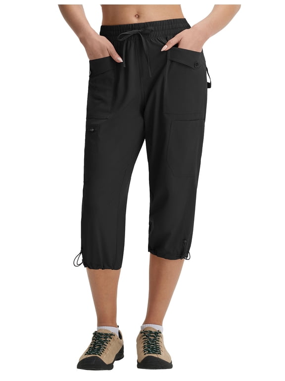 Women's Hiking pants with 7 Pockets Lightweight Quick Dry Cargo Capris Pants for Women Summer Pants for Women Black L