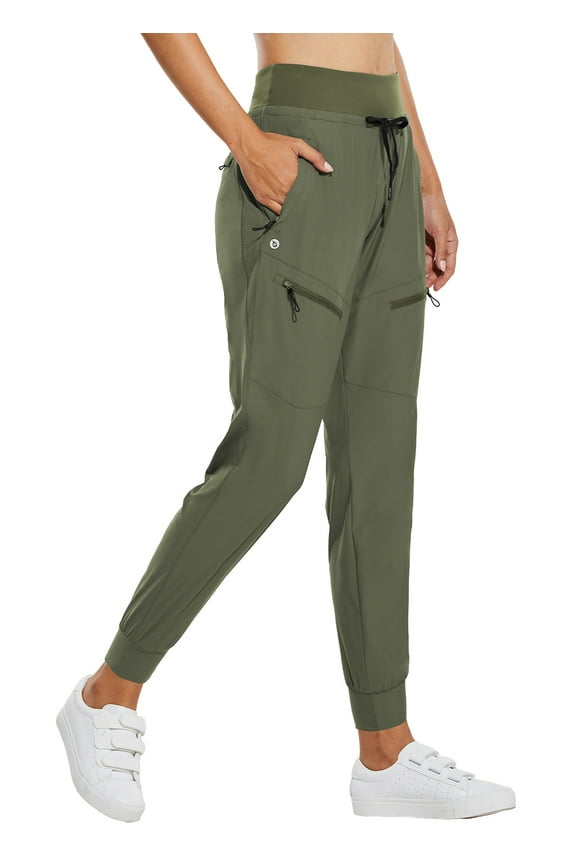 Women's Joggers 28'' Lightweight Hiking Pants High Waist 5 Zipper Pockets Quick Dry Travel Athletic UPF50+ Rifle Green L