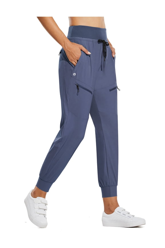 Women's Joggers Lightweight Hiking Pants High Waist 5 Zipper Pockets Quick Dry Travel Athletic UPF50+ Blue L