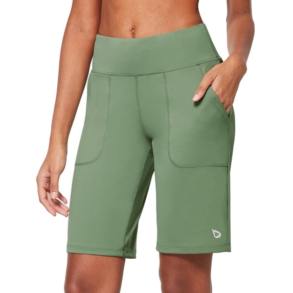 BALEAF Women's Knee Length Bermuda Long Shorts 10" High Rise Athletic Workout Shorts Walking Running Hiking Shorts Summer Olive Green XL