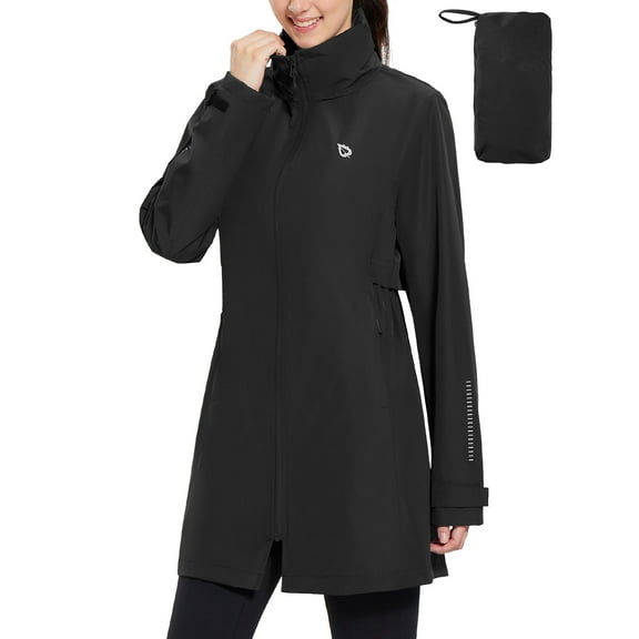 BALEAF Women's Long Rain Coat Packable Waterproof Windbreaker Lightweight Cycling Jacket with Hood Black L