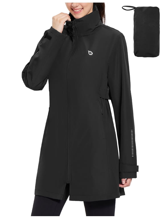 Women's Long Rain Coat Packable Waterproof Windbreaker Lightweight Cycling Jacket with Hood Black L