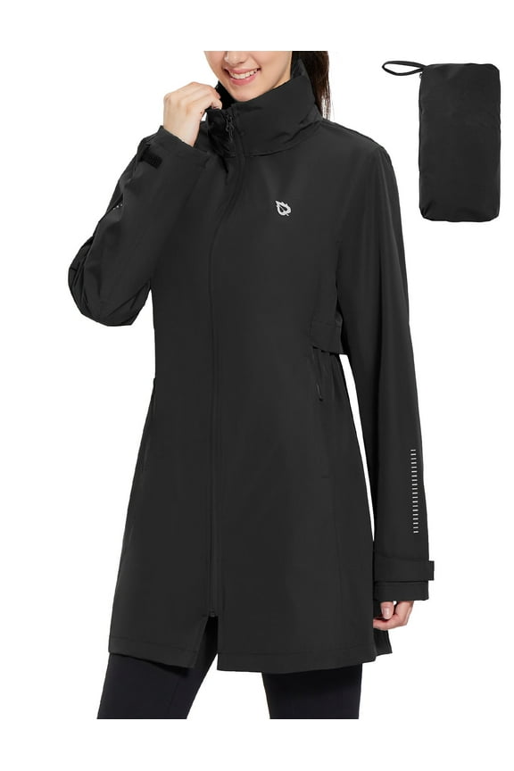 Women's Long Rain Coat Packable Waterproof Windbreaker Lightweight Cycling Jacket with Hood Black XL