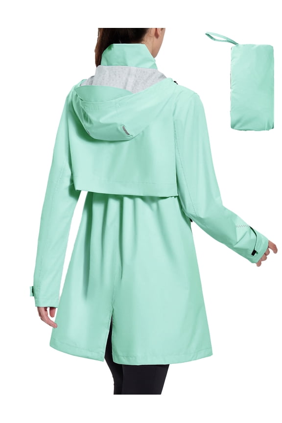 Women's Long Rain Coat Packable Waterproof Windbreaker Lightweight Cycling Jacket with Hood Pastel Light Green L
