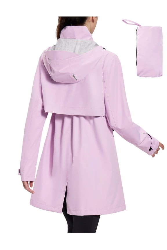 Women's Long Rain Coat Packable Waterproof Windbreaker Lightweight Cycling Jacket with Hood Pastel purple XL