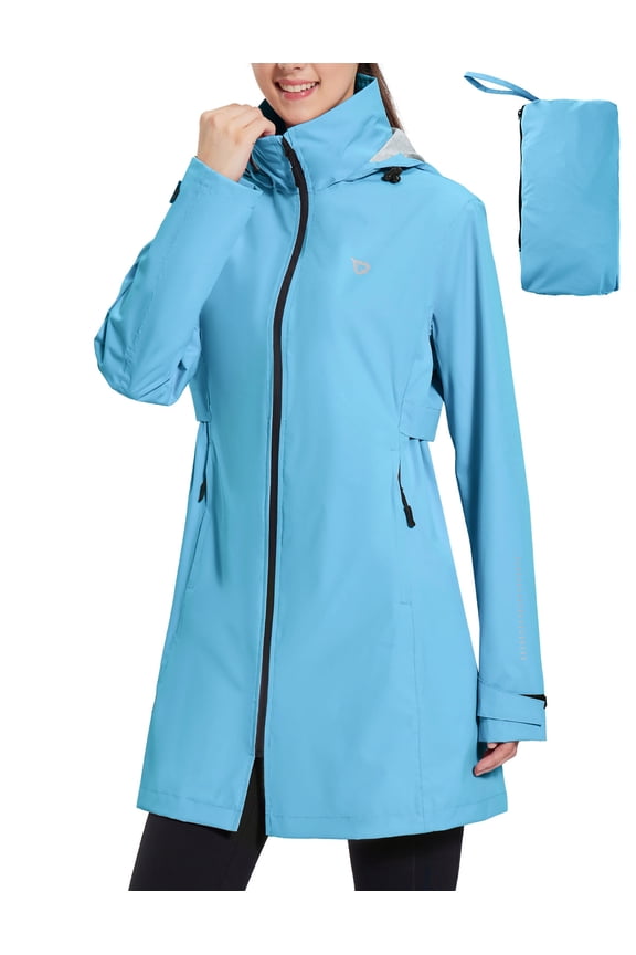 Women's Long Rain Coat Packable Waterproof Windbreaker Lightweight Cycling Jacket with Hood Sky Blue S