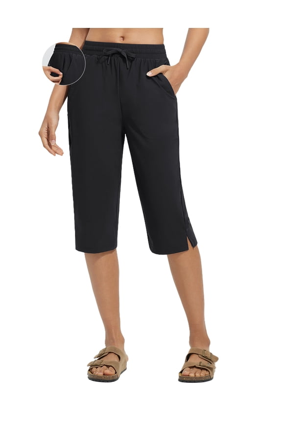 Women's Long Shorts Below The Knee Capri Quick Dry 15" UPF50+ Swim Pants with Liner and Pockets Black 3XL