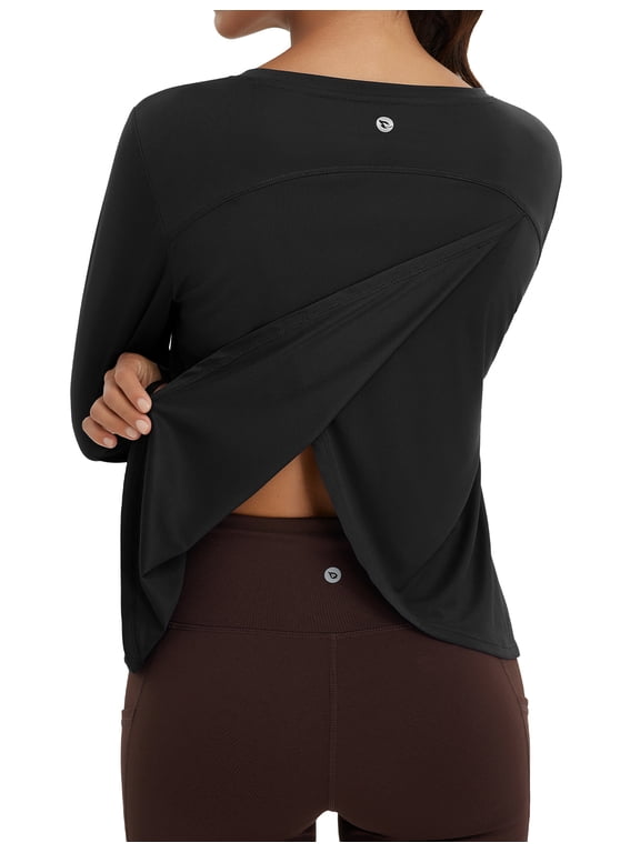 Women's Long Sleeve Workout Tops Athletic Shirts Split Back Running Gym Quick Dry Sun Protection UPF 50+ Black M