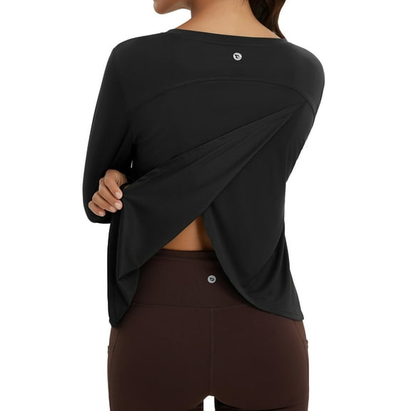 BALEAF Women's Long Sleeve Workout Tops Athletic Shirts Split Back Running Gym Quick Dry Sun Protection UPF 50+ Black XXL