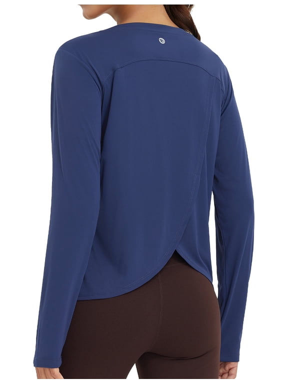Women's Long Sleeve Workout Tops Athletic Shirts Split Back Running Gym Quick Dry Sun Protection UPF 50+ Navy Blue M