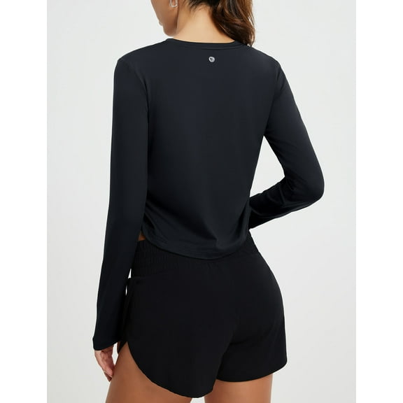 BALEAF Women's Long Sleeve Workout Tops Soft Crooped Breathable Athletic Active Running Gym Exercise Shirts Lightweight Fall T-Shirt with Thumb Holes Black L