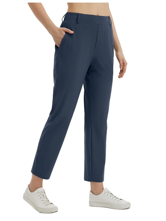 Women's Pants with Pockets Belt Loops High Waisted Golf Travel Business Casual Dressy Slacks Stretch UPF 50+ Navy Blue L