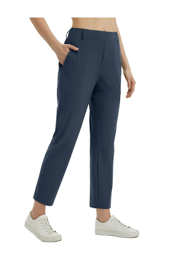Women's Pants with Pockets Belt Loops High Waisted Golf Travel Business Casual Dressy Slacks Stretch UPF 50+ Navy Blue S
