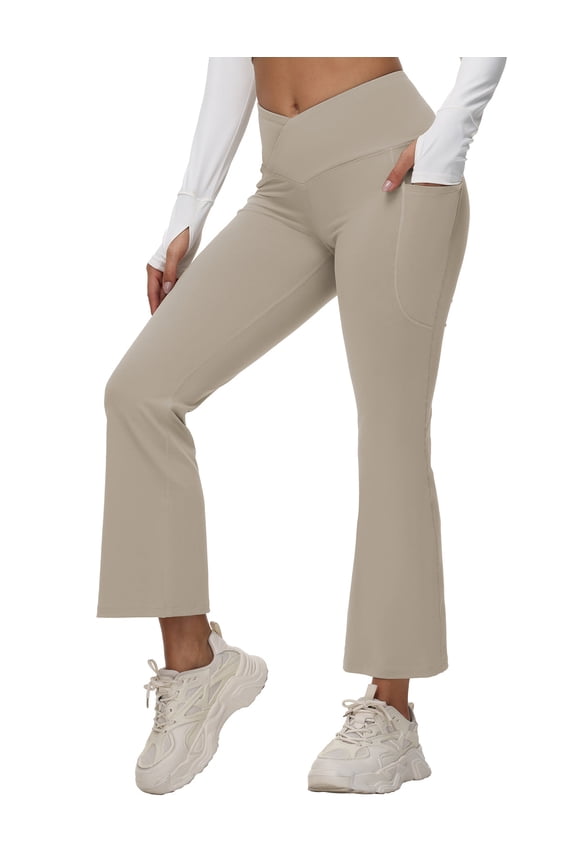 Women's Petite Flare Leggings Tummy Control Crossover High Waisted Yoga Pants with Pockets Work Casual 27" Beige S