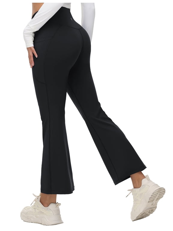 Women's Petite Flare Leggings Tummy Control Crossover High Waisted Yoga Pants with Pockets Work Casual 27" Black 3XL