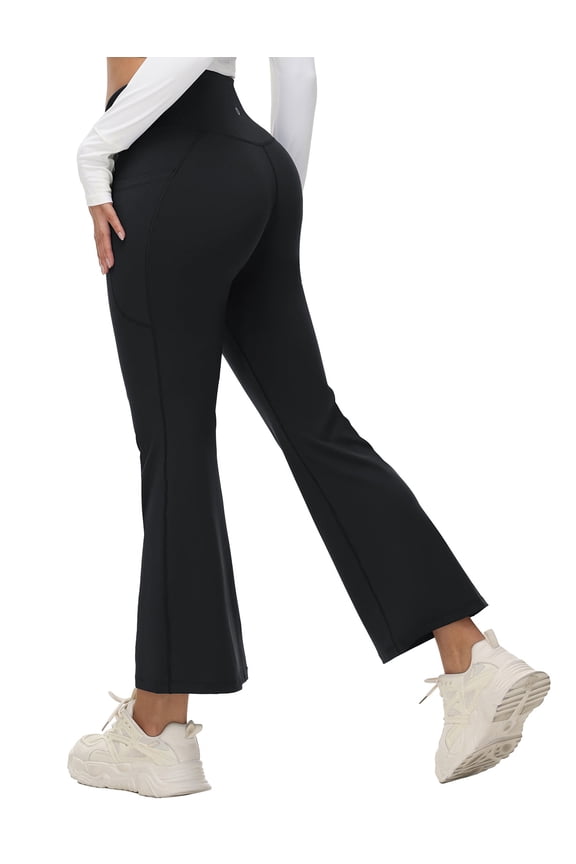 Women's Petite Flare Leggings Tummy Control Crossover High Waisted Yoga Pants with Pockets Work Casual 27" Black L