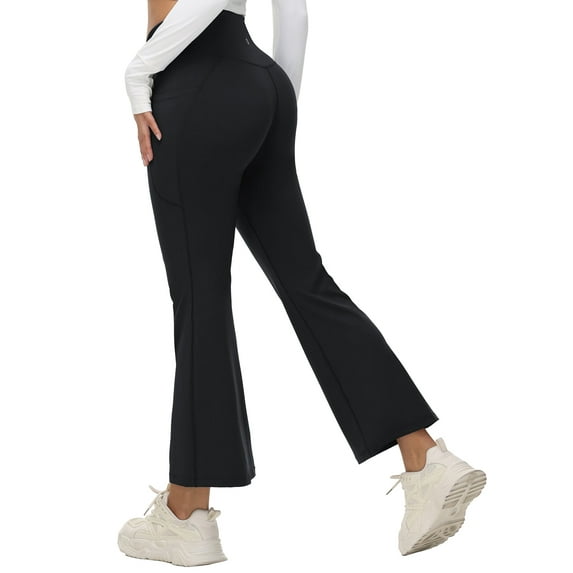 BALEAF Women's Petite Flare Leggings Tummy Control Crossover High Waisted Yoga Pants with Pockets Work Casual 27" Black S