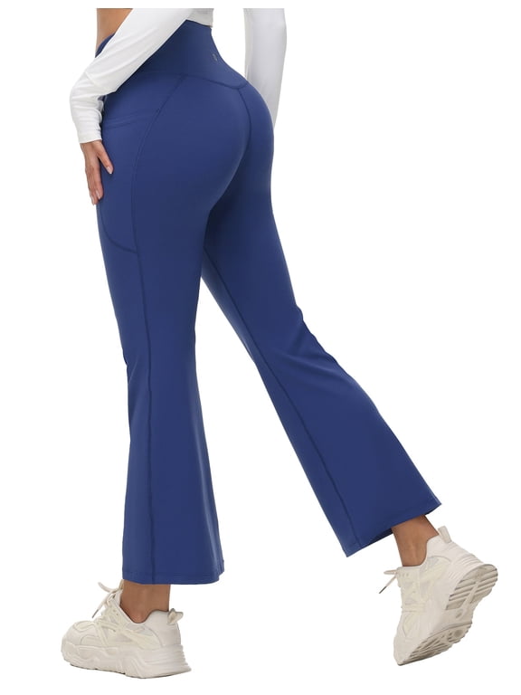 Women's Petite Flare Leggings Tummy Control Crossover High Waisted Yoga Pants with Pockets Work Casual Mini 27" Navy Blue XXL