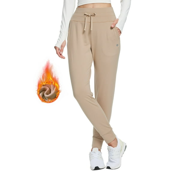 BALEAF Women's Petite Fleece Lined Pants Waterproof Joggers Sweatpants High Waisted Leggings Travel Hiking Running Cold Warm Beige L